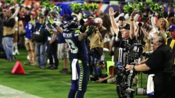 Feb 1, 2015; Glendale, AZ, USA; Seattle Seahawks wide receiver Chris Matthews (13) celebrates his touchdown catch during the second quarter in Super Bowl XLIX at University of Phoenix Stadium. Mandatory Credit: Andrew Weber-USA TODAY Sports