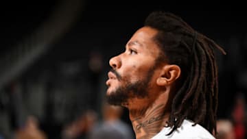 DETROIT, MI - NOVEMBER 11: Derrick Rose #25 of the Detroit Pistons looks on against the Minnesota Timberwolves on November 11, 2019 at Little Caesars Arena in Detroit, Michigan. NOTE TO USER: User expressly acknowledges and agrees that, by downloading and/or using this photograph, User is consenting to the terms and conditions of the Getty Images License Agreement. Mandatory Copyright Notice: Copyright 2019 NBAE (Photo by Chris Schwegler/NBAE via Getty Images)