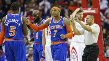 Nov 24, 2014; Houston, TX, USA; New York Knicks forward Carmelo Anthony (7) during the first quarter against the Houston Rockets at Toyota Center. Mandatory Credit: Troy Taormina-USA TODAY Sports