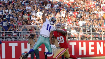 SANTA CLARA, CA - AUGUST 10: Reggie Davis #11 of the Dallas Cowboys watches the pass go off his fingertips while defended by Dontae Johnson #48 of the San Francisco 49ers during the second quarter of a preseason NFL football game at Levi's Stadium on August 10, 2019 in Santa Clara, California. (Photo by Thearon W. Henderson/Getty Images)