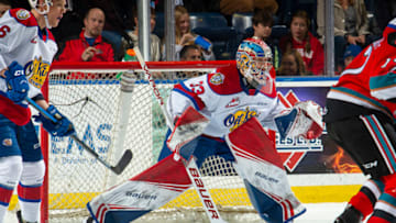 KELOWNA, BC - NOVEMBER 26: Sebastian Cossa #33 of the Edmonton Oil Kings defends the net durin third period against the Kelowna Rockets at Prospera Place on November 26, 2019 in Kelowna, Canada. (Photo by Marissa Baecker/Getty Images)