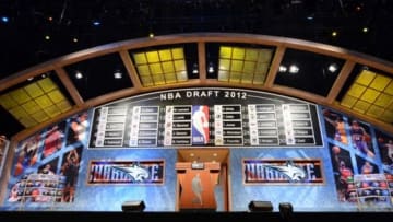 June 28, 2012; Newark, NJ, USA; A general view of the first round draft board at the conclusion of the first round of the 2012 NBA Draft at the Prudential Center. Mandatory Credit: Jerry Lai-USA TODAY Sports