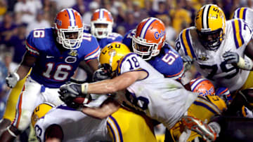 Louisiana State fullback Jacob Hester (18) crosses the goal line for the winning touchdown against Florida at Tiger Stadium in Baton Rouge, Louisiana, Saturday, October 6, 2007. The Tigers defeated the Gators 28-24. (Photo by Gary W. Green/Orlando Sentinel/MCT via Getty Images)