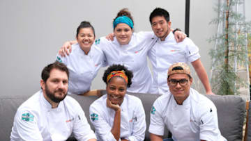 TOP CHEF -- "Tournament of Tofu" Episode 1810 -- Pictured: (l-r) Gabe Erales, Jamie Tran, Dawn Burrell, Maria Mazon, Shota Nakajima, Byron Gomez -- (Photo by: David Moir/Bravo)