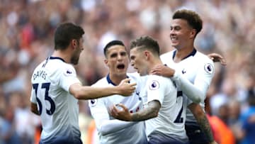 LONDON, ENGLAND - AUGUST 18: Kieran Trippier of Tottenham Hotspur celebrates scoring his team's second goal with team mates during the Premier League match between Tottenham Hotspur and Fulham FC at Wembley Stadium on August 18, 2018 in London, United Kingdom. (Photo by Julian Finney/Getty Images)