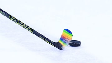 ST CATHARINES, ON - OCTOBER 13: Players have rainbow tape on their sticks during warmup as the Niagara IceDogs host the Sarnia Sting in a Pride Night OHL game at the Meridian Centre on October 13, 2016 in St Catharines, Ontario, Canada. (Photo by Vaughn Ridley/Getty Images)