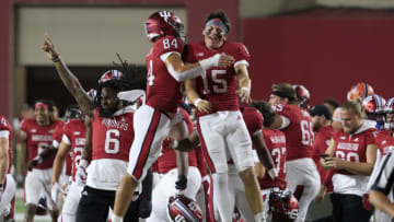 BLOOMINGTON, INDIANA - SEPTEMBER 02: Aaron Steinfeldt #84 and Brendan Sorsby #15 of the Indiana Hoosiers celebrate after a victory over the Illinois Fighting Illini at Memorial Stadium on September 02, 2022 in Bloomington, Indiana. (Photo by Justin Casterline/Getty Images)