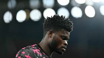 Arsenal's Ghanaian midfielder Thomas Partey warms up ahead of the English League Cup third round football match between Arsenal and AFC Wimbledon at the Emirates Stadium in London on September 22, 2021. - - RESTRICTED TO EDITORIAL USE. No use with unauthorized audio, video, data, fixture lists, club/league logos or 'live' services. Online in-match use limited to 120 images. An additional 40 images may be used in extra time. No video emulation. Social media in-match use limited to 120 images. An additional 40 images may be used in extra time. No use in betting publications, games or single club/league/player publications. (Photo by JUSTIN TALLIS / AFP) / RESTRICTED TO EDITORIAL USE. No use with unauthorized audio, video, data, fixture lists, club/league logos or 'live' services. Online in-match use limited to 120 images. An additional 40 images may be used in extra time. No video emulation. Social media in-match use limited to 120 images. An additional 40 images may be used in extra time. No use in betting publications, games or single club/league/player publications. / RESTRICTED TO EDITORIAL USE. No use with unauthorized audio, video, data, fixture lists, club/league logos or 'live' services. Online in-match use limited to 120 images. An additional 40 images may be used in extra time. No video emulation. Social media in-match use limited to 120 images. An additional 40 images may be used in extra time. No use in betting publications, games or single club/league/player publications. (Photo by JUSTIN TALLIS/AFP via Getty Images)
