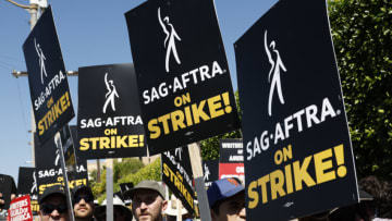 LOS ANGELES, CALIFORNIA - JULY 14: Memvers of of SAG-AFTRA Join the WGA on Strike In Los Angeles, picketing outside Paramount Studios, CA on July 14, 2023 in Los Angeles, California. (Photo by Frazer Harrison/Getty Images)