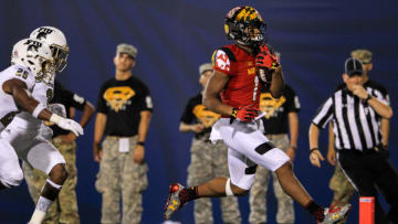 MIAMI, FL - SEPTEMBER 09: D.J. Moore #1 of the Maryland Terrapins carries for a touchdown during the first half of the game against the FIU Panthers at FIU Stadium on September 9, 2016 in Miami, Florida. (Photo by Rob Foldy/Getty Images)