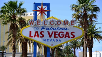 May 11, 2016; Las Vegas, NV, USA; General view of Oakland Raiders helmet at the "Welcome to Fabulous Las Vegas" sign on the Las Vegas strip on Las Vegas Blvd. Raiders owner Mark Davis (not pictured) has pledged $500 million toward building a 65,000-seat domed stadium in Las Vegas at a total cost of $1.4 billion. NFL commissioner Roger Goodell (not pictured) said Davis can explore his options in Las Vegas but would require 24 of 32 owners to approve the move. Mandatory Credit: Kirby Lee-USA TODAY Sports