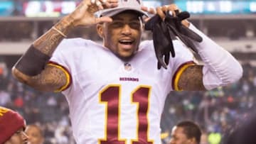 Dec 26, 2015; Philadelphia, PA, USA; Washington Redskins wide receiver DeSean Jackson (11) celebrates the victory against the Philadelphia Eagles at Lincoln Financial Field. The Redskins won 38-24. Mandatory Credit: Bill Streicher-USA TODAY Sports