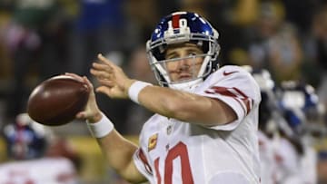 Oct 9, 2016; Green Bay, WI, USA; New York Giants quarterback Eli Manning (10) warms up before game against the Green Bay Packers at Lambeau Field. Mandatory Credit: Benny Sieu-USA TODAY Sports