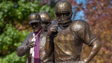 Oct 11, 2014; South Bend, IN, USA; Neckties were added to the statue in honor of former coach Lou Holtz before the game between the Notre Dame Fighting Irish and the North Carolina Tar Heels at Notre Dame Stadium. Mandatory Credit: Matt Cashore-USA TODAY Sports