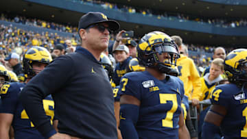 ANN ARBOR, MICHIGAN - OCTOBER 05: Head coach Jim Harbaugh waits to take the field to play the Iowa Hawkeyes at Michigan Stadium on October 05, 2019 in Ann Arbor, Michigan. Michigan won the game 10-3. (Photo by Gregory Shamus/Getty Images)