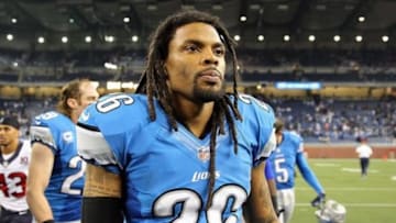 November 22, 2012; Detroit, MI, USA; Detroit Lions free safety Louis Delmas (26) walks off field after a game against the Houston Texans at Ford Field. Mandatory Credit: Mike Carter-USA TODAY Sports