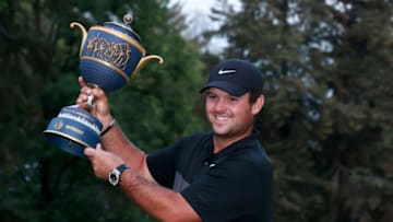 MEXICO CITY, MEXICO - FEBRUARY 23: Patrick Reed of the United States celebrates with the Gene Sarazen Cup after winning in the final round of the World Golf Championships Mexico Championship at Club de Golf Chapultepec on February 23, 2020 in Mexico City, Mexico. (Photo by Hector Vivas/Getty Images)