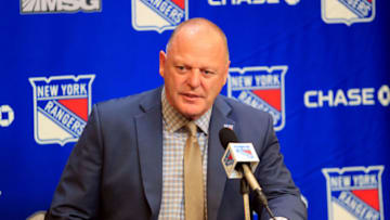 Dec 3, 2021; New York, New York, USA; New York Rangers head coach Gerard Gallant speaks to the media after a 1-0 win against the San Jose Sharks at Madison Square Garden. Mandatory Credit: Danny Wild-USA TODAY Sports