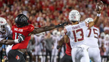 University of Louisville's Kameron Wilson nearly gets his hands on Florida State quarterback Jordan Travis during second quarter action. Sept. 16, 2022Aj4t8356