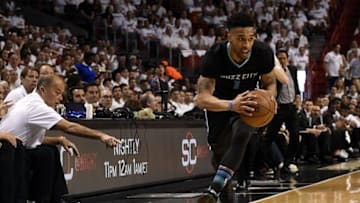 May 1, 2016; Miami, FL, USA; Charlotte Hornets guard Courtney Lee (1) steps out of bounds while dribbling the ball against the Miami Heat during the first half in game seven of the first round of the NBA Playoffs at American Airlines Arena. Mandatory Credit: Steve Mitchell-USA TODAY Sports