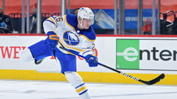 PHILADELPHIA, PA - JANUARY 18: Rasmus Dahlin #26 of the Buffalo Sabres shoots during the game against the Philadelphia Flyers in the second period at Wells Fargo Center on January 18, 2021 in Philadelphia, Pennsylvania. (Photo by Drew Hallowell/Getty Images)
