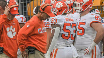 Clemson head coach Dabo Swinney reacts after Pitt receiver Taysir Mack (11) scores during the second quarter at Heinz Field in Pittsburgh, Pennsylvania, Saturday, October 23, 2021.Ncaa Football Clemson At Pitt