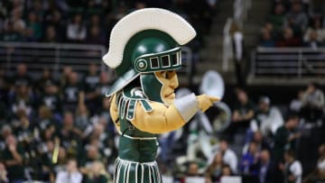 EAST LANSING, MI - DECEMBER 18: Michigan State Spartans mascot Sparty looks on while playing the Houston Baptist Huskies at the Jack T. Breslin Student Events Center on December 18, 2017 in East Lansing, Michigan. (Photo by Gregory Shamus/Getty Images)