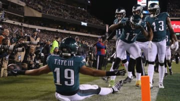 PHILADELPHIA, PA - DECEMBER 03: Wide receiver Golden Tate #19 of the Philadelphia Eagles celebrates with teammates after making a catch for a 2-point conversion against the Washington Redskins during the fourth quarter at Lincoln Financial Field on December 3, 2018 in Philadelphia, Pennsylvania. (Photo by Mitchell Leff/Getty Images)