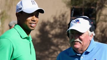 MARANA, AZ - FEBRUARY 22: Tiger Woods talks with sportscaster for NBC Sports Roger Maltbie after winning his match against Gonzalo Fernandez-Castano (not pictured) of Spain during the first round of the World Golf Championships-Accenture Match Play Championship at the Ritz-Carlton Golf Club on February 22, 2012 in Marana, Arizona. (Photo by Christian Petersen/Getty Images)