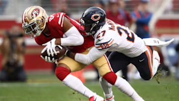 SANTA CLARA, CA - DECEMBER 23: Kendrick Bourne #84 of the San Francisco 49ers makes a catch against Sherrick McManis #27 of the Chicago Bears during their NFL game at Levi's Stadium on December 23, 2018 in Santa Clara, California. (Photo by Ezra Shaw/Getty Images)