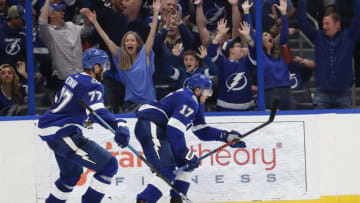 TAMPA, FL - DECEMBER 27: Tampa Bay Lightning left wing Alex Killorn (17) celebrates after scoring the game winning goal in the overtime period of the NHL game between the Philadelphia Flyers and Tampa Bay Lightning on December 27, 2018 at Amalie Arena in Tampa, FL. (Photo by Mark LoMoglio/Icon Sportswire via Getty Images)