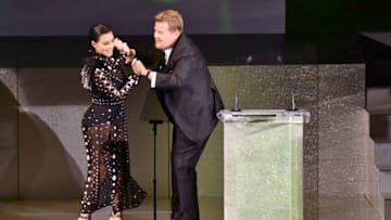 NEW YORK, NY - JUNE 01: TV Personality Kim Kardashian and Actor James Corden greet onstage at the 2015 CFDA Fashion Awards at Alice Tully Hall at Lincoln Center on June 1, 2015 in New York City. (Photo by Michael Loccisano/Getty Images)