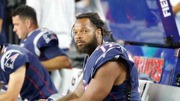 FOXBOROUGH, MA - AUGUST 22: New England Patriots defensive lineman Michael Bennett (77) during a preseason game between the New England Patriots and the Carolina Panthers on August 22, 2019, at Gillette Stadium in Foxborough, Massachusetts. (Photo by Fred Kfoury III/Icon Sportswire via Getty Images)