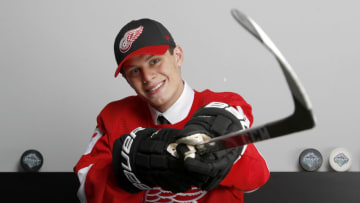 VANCOUVER, BRITISH COLUMBIA - JUNE 22: Robert Mastrosimone poses after being selected 54th overall by the Detroit Red Wings during the 2019 NHL Draft at Rogers Arena on June 22, 2019 in Vancouver, Canada. (Photo by Kevin Light/Getty Images)