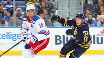 BUFFALO, NY - OCTOBER 6: Marc Staal #18 of the New York Rangers and Jeff Skinner #53 of the Buffalo Sabres during an NHL game on October 6, 2018 at KeyBank Center in Buffalo, New York. (Photo by Sara Schmidle/NHLI via Getty Images)