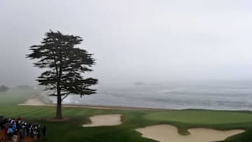 PEBBLE BEACH, CA - FEBRUARY 10: A general view of the 18th green is seen in the rain during the second round of the AT&T Pebble Beach National Pro-Am at Pebble Beach Golf Links on February 10, 2012 in Pebble Beach, California. (Photo by Harry How/Getty Images)