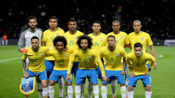 BERLIN, GERMANY - MARCH 27: teampicture Alisson Brasilien Bazil Casimiro Brasilien Bazil Paulinho Brasilien Bazil Thiago Silva Brasilien Bazil Fernandinho Brasilien Bazil Miranda Brasilien Bazil Dani Alves Brasilien Bazil Willian Brasilien Bazil Marcelo Brasilien Bazil Gabriel Jesus Brasilien Bazil Philippe Coutinho Brasilien Bazil at Olympiastadion on March 27, 2018 in Berlin, Germany. (Photo by Stefan Matzke - sampics/Corbis via Getty Images)