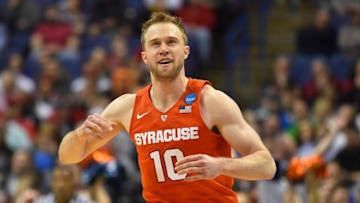 Mar 18, 2016; St. Louis, MO, USA; Syracuse Orange guard Trevor Cooney (10) reacts during the second half of the first round against the Dayton Flyers in the 2016 NCAA Tournament at Scottrade Center. Mandatory Credit: Jasen Vinlove-USA TODAY Sports
