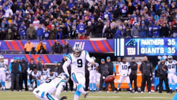 Dec 20, 2015; East Rutherford, NJ, USA; Carolina Panthers kicker Graham Gano (9) kicks the game winning field goal against the New York Giants as time expires during the fourth quarter at MetLife Stadium. The Panthers defeated the Giants 38-35. Mandatory Credit: Brad Penner-USA TODAY Sports