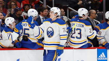 Jan 3, 2023; Washington, District of Columbia, USA; Buffalo Sabres center Tage Thompson (72) celebrates with teammates after scoring a goal against the Washington Capitals in the first period at Capital One Arena. Mandatory Credit: Geoff Burke-USA TODAY Sports