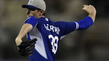 Apr 3, 2015; Anaheim, CA, USA; Los Angeles Dodgers pitcher Brandon McCarthy (38) pitches against the Los Angeles Angels during the first inning at Angel Stadium of Anaheim. Mandatory Credit: Kelvin Kuo-USA TODAY Sports