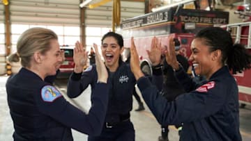 CHICAGO FIRE -- "No Such Thing As Bad Luck" Episode 718 -- Pictured: (l-r) Kara Killmer as Sylvie Brett, Miranda Rae Mayo as Stella Kidd, Annie Ilonzeh as Emily Foster -- (Photo by: Parrish Lewis/NBC)