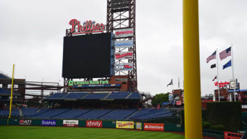 PHILADELPHIA, PA - AUGUST 29: The Phillies' unlit scoreboard is shown at Citizens Bank Park on August 29, 2017 in Philadelphia, Pennsylvania. Rain cancelled the game against the Atlanta Braves and is rescheduled as a doubleheader tomorrow. (Photo by Corey Perrine/Getty Images)