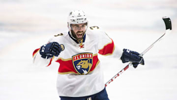 NASHVILLE, TN - FEBRUARY 11: Keith Yandle #3 of the Florida Panthers celebrates against the Nashville Predators during an NHL game at Bridgestone Arena on February 11, 2017 in Nashville, Tennessee. (Photo by Ronald C. Modra/NHL/Getty Images)