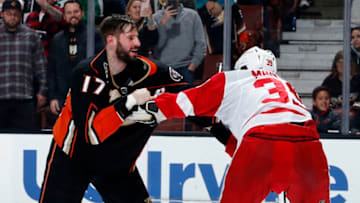 ANAHEIM, CA - MARCH 16: Ryan Kesler #17 of the Anaheim Ducks battles in a fight against Anthony Mantha #39 of the Detroit Red Wings during the game on March 16, 2018 at Honda Center in Anaheim, California. (Photo by Debora Robinson/NHLI via Getty Images)
