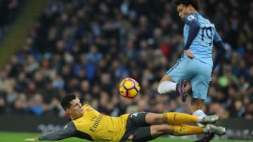 MANCHESTER, ENGLAND - DECEMBER 18: Granit Xhaka of Arsenal challenges Leroy Sane of Man City during the Premier League match between Manchester City and Arsenal at Etihad Stadium on December 18, 2016 in Manchester, England. (Photo by Stuart MacFarlane/Arsenal FC via Getty Images)