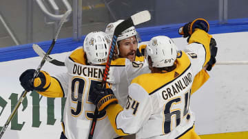 Aug 7, 2020; Edmonton, Alberta, CAN; The Nashville Predators celebrate a third period goal by forward Filip Forsberg (9) who scored with less then a minute to play to tie the game with Arizona Coyotes during the Western Conference qualifications at Rogers Place. Mandatory Credit: Perry Nelson-USA TODAY Sports