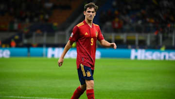 Spain's midfielder Pablo Gavi reacduring the UEFA Nations League semifinal football match between Italy and Spain. (Photo by FRANCK FIFE/AFP via Getty Images)