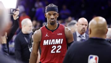 Jimmy Butler #22 of the Miami Heat reacts after defeating the Philadelphia 76ers 99-90 in Game Six of the 2022 NBA Playoffs Eastern Conference Semifinals(Photo by Tim Nwachukwu/Getty Images)