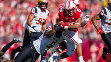 MADISON, WI - OCTOBER 21: Wisconsin Badger running back Jonathan Taylor (23) rushes the ball durning an college football game between the Maryland Terrapins and the Wisconsin Badgers on October 21st, 2017, at Camp Randall Stadium in Madison, WI. (Photo by Dan Sanger/Icon Sportswire via Getty Images)